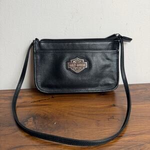 Harley-Davidson Pebbled Leather Shoulder Bag Womens Black Purse Zip Top Logo